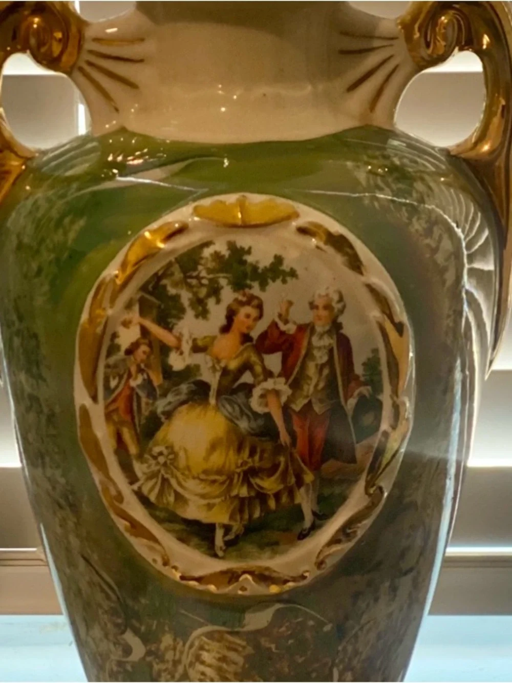 Vintage Green Hand Painted French Porcelain Table Lamp base with Gold Accents